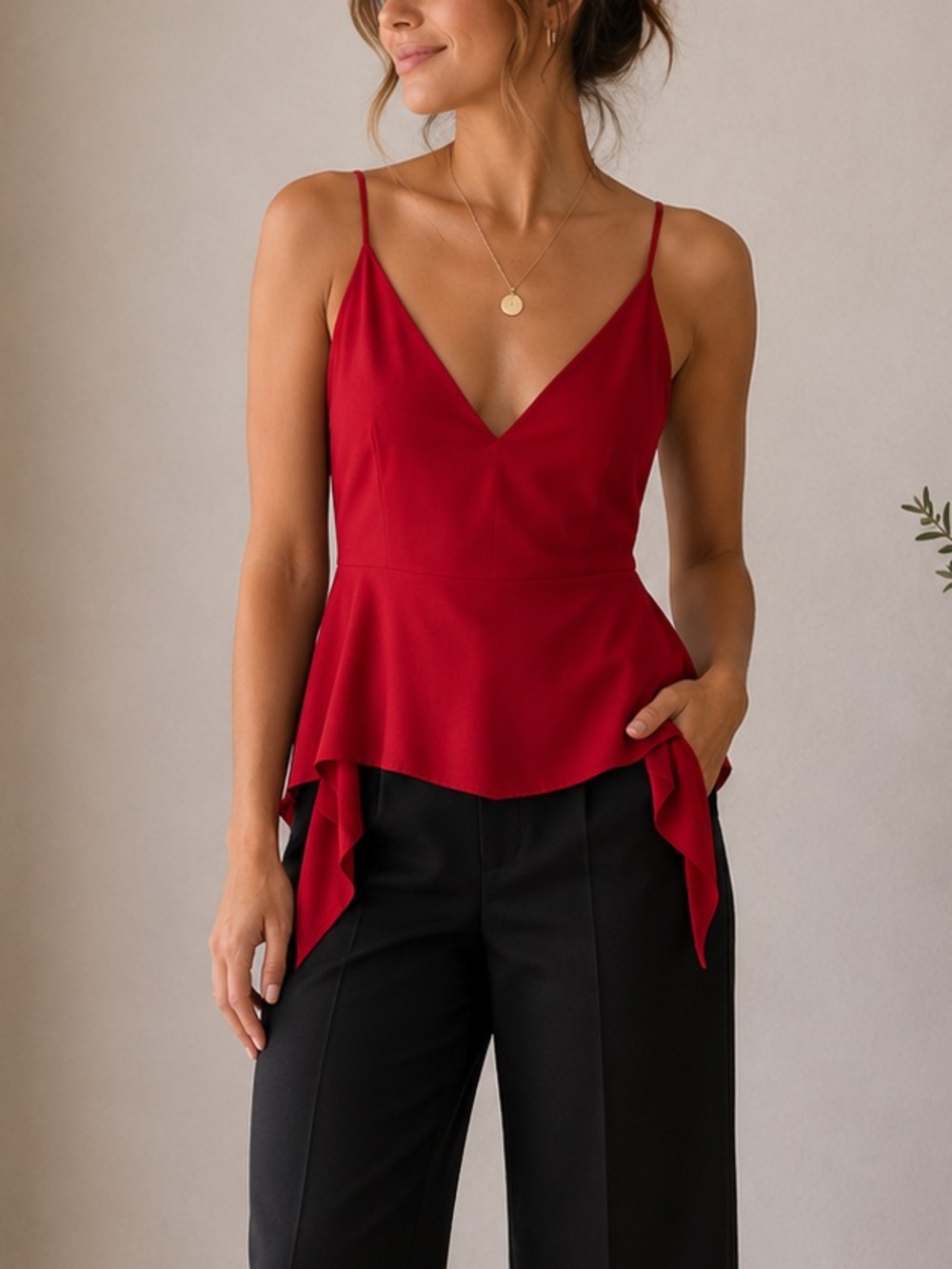 Cushnie Et Ochs Women’s Sleeveless Deep V Neck Top with Waterfall size 6 Red